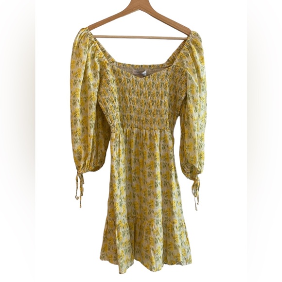 Faithfull The Brand Romina Linen Floral Puff Square Neck Mini Dress, Size 6 - Picture 7 of 10